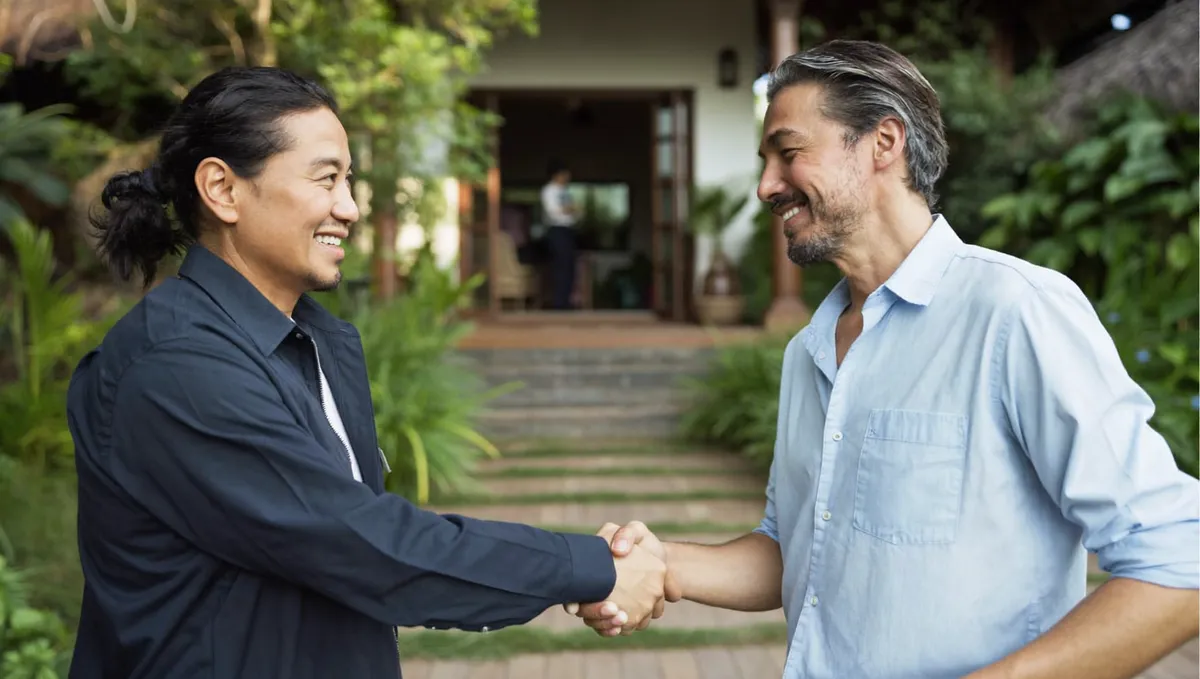 Plumber shaking hands with a villa owner after agreeing on a quote in Bali