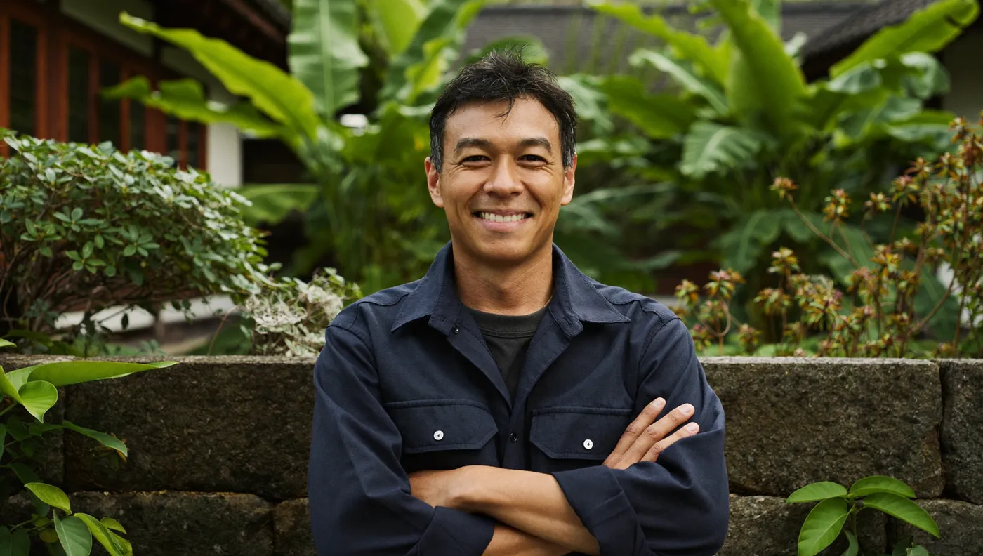 Friendly plumber in navy work shirt standing with arms crossed in a Bali villa garden