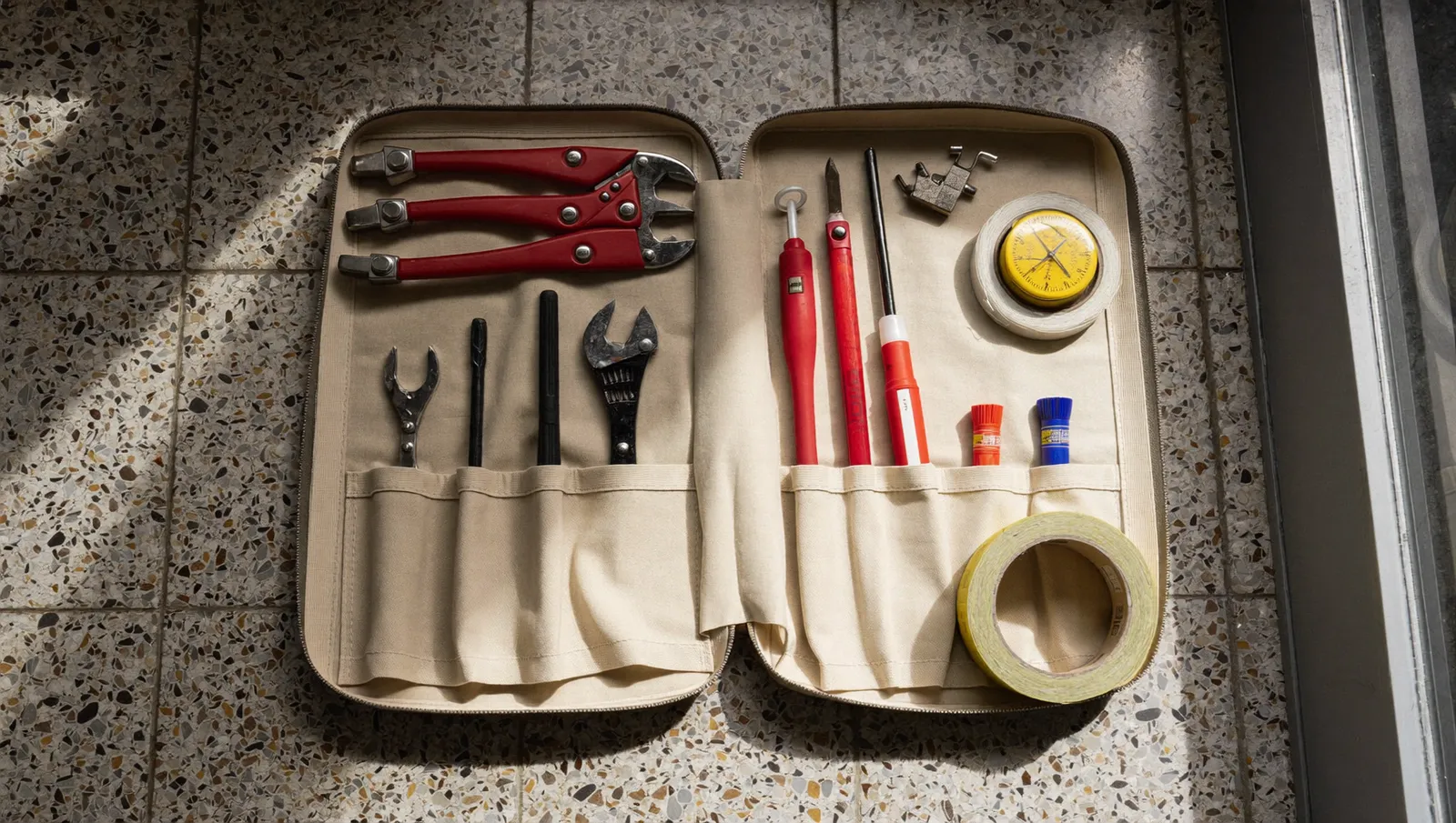 Open tool bag with plumbing wrenches, fittings and thread seal tape on a tile floor