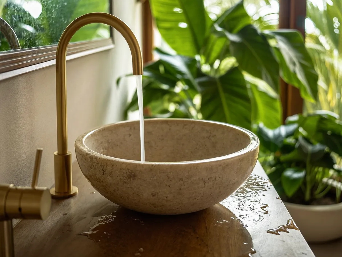 Stone vessel basin with brass faucet and running water in a Bali bathroom