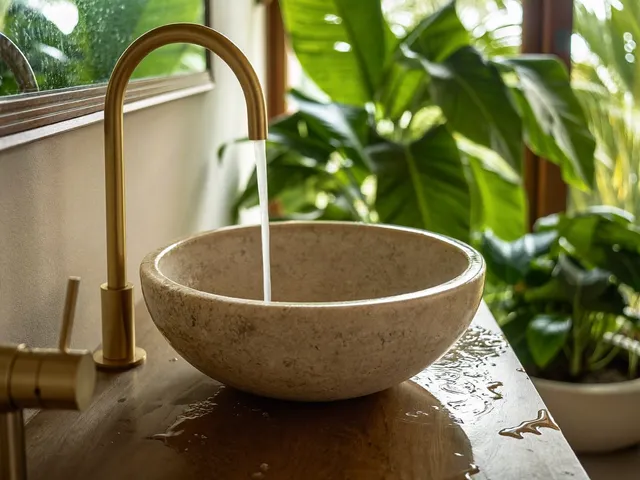 Stone vessel basin with brass faucet in a Bali bathroom