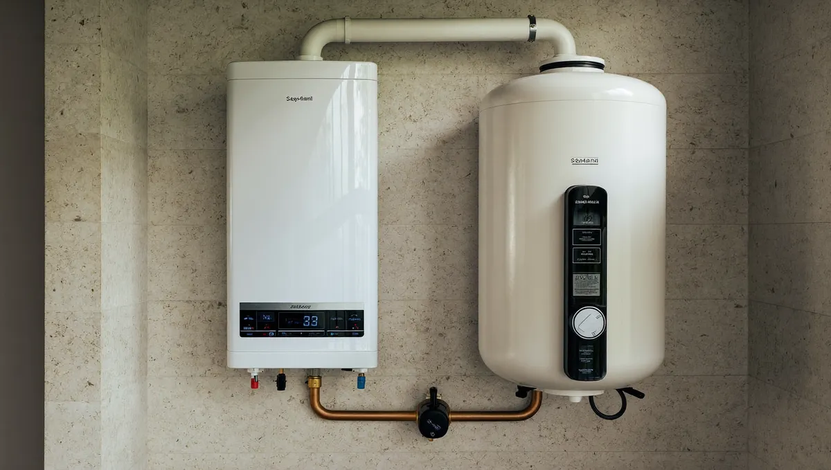 Tankless and storage tank water heaters mounted side by side on a stone wall