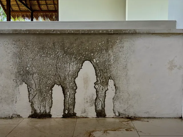 Damp stain on a villa wall caused by a hidden water leak